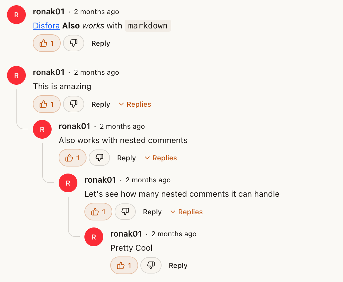 Disfora conversations interface showing threaded replies