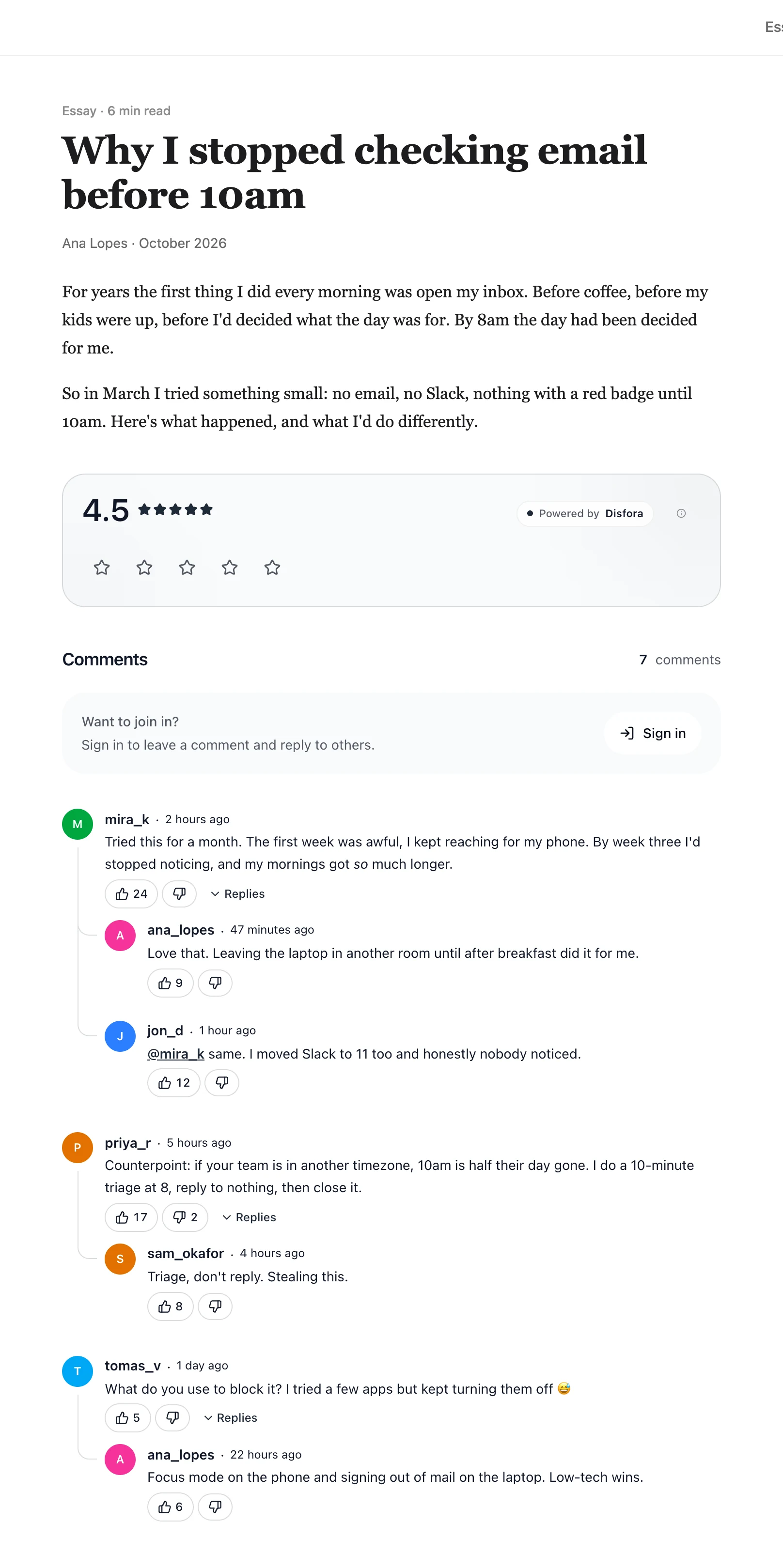 A blog post with the Disfora rating and comment thread underneath
