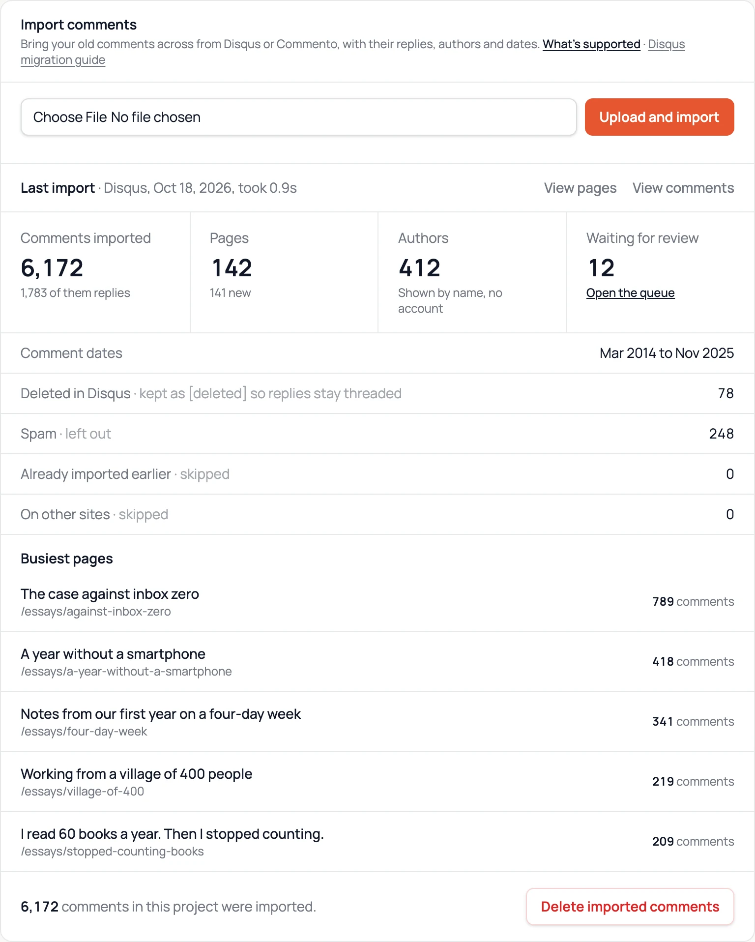 The import card after a Disqus import: 6,172 comments (1,783 replies) on 142 pages from 412 authors, 12 waiting for review, dated March 2014 to November 2025, with the five busiest pages and a button to delete imported comments