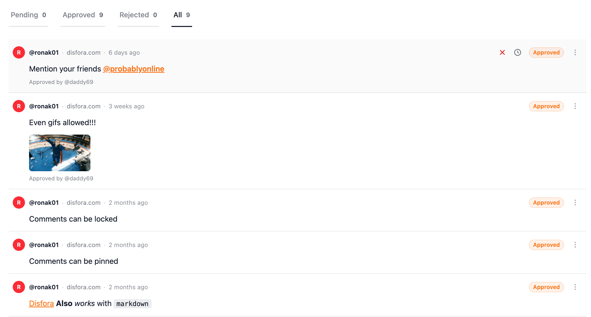 Disfora moderation queue showing comments awaiting review